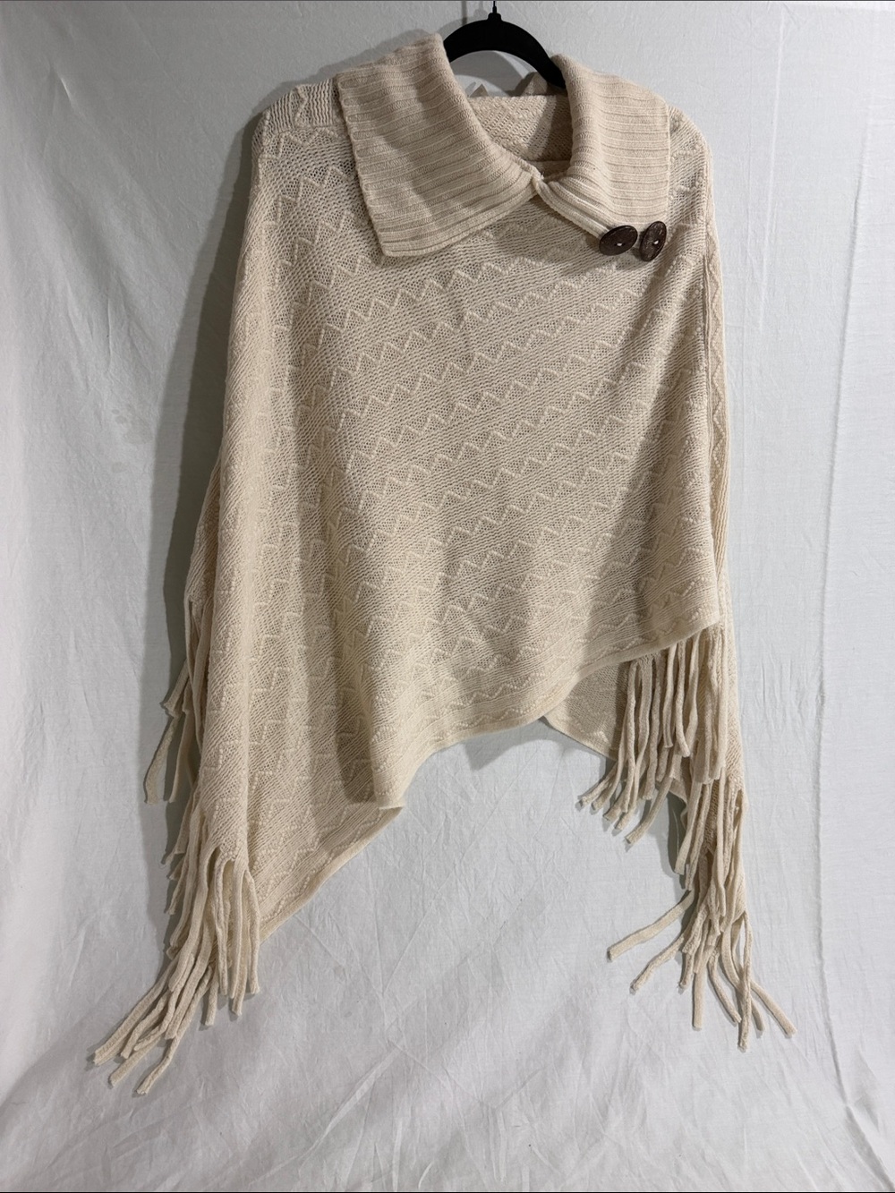 Cato Cream Fringe Knit Poncho with Button Collar